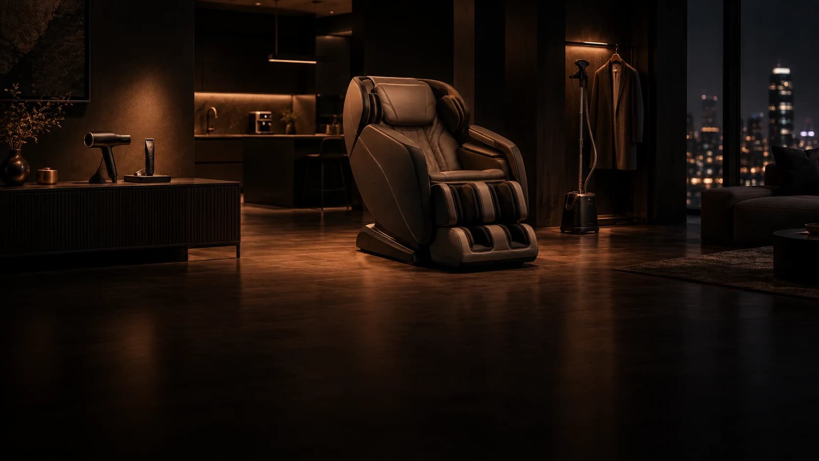 A calm night home; massage chair, hair care, and garment care in one room