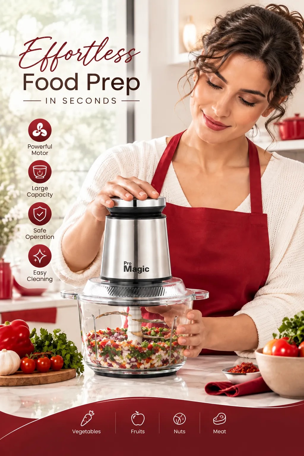 Food chopper with fresh ingredients on a kitchen counter