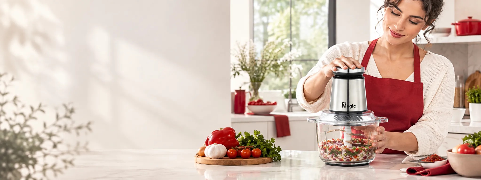 Food chopper with fresh ingredients on a kitchen counter
