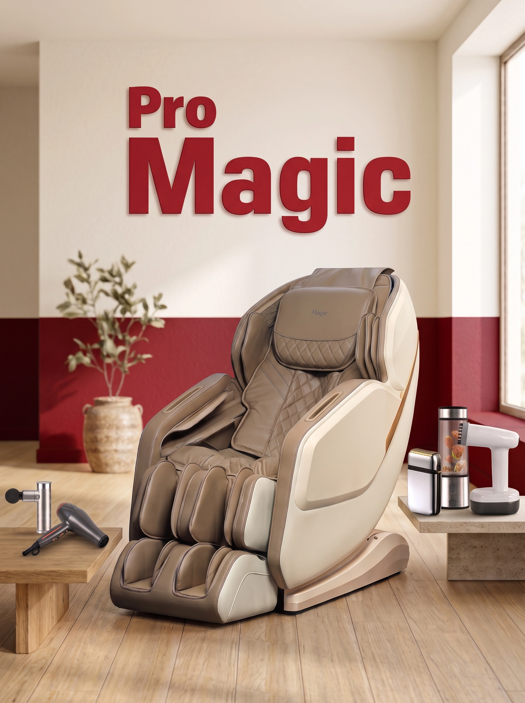 ProMagic — massage chair and home-care products in a bright, minimal interior