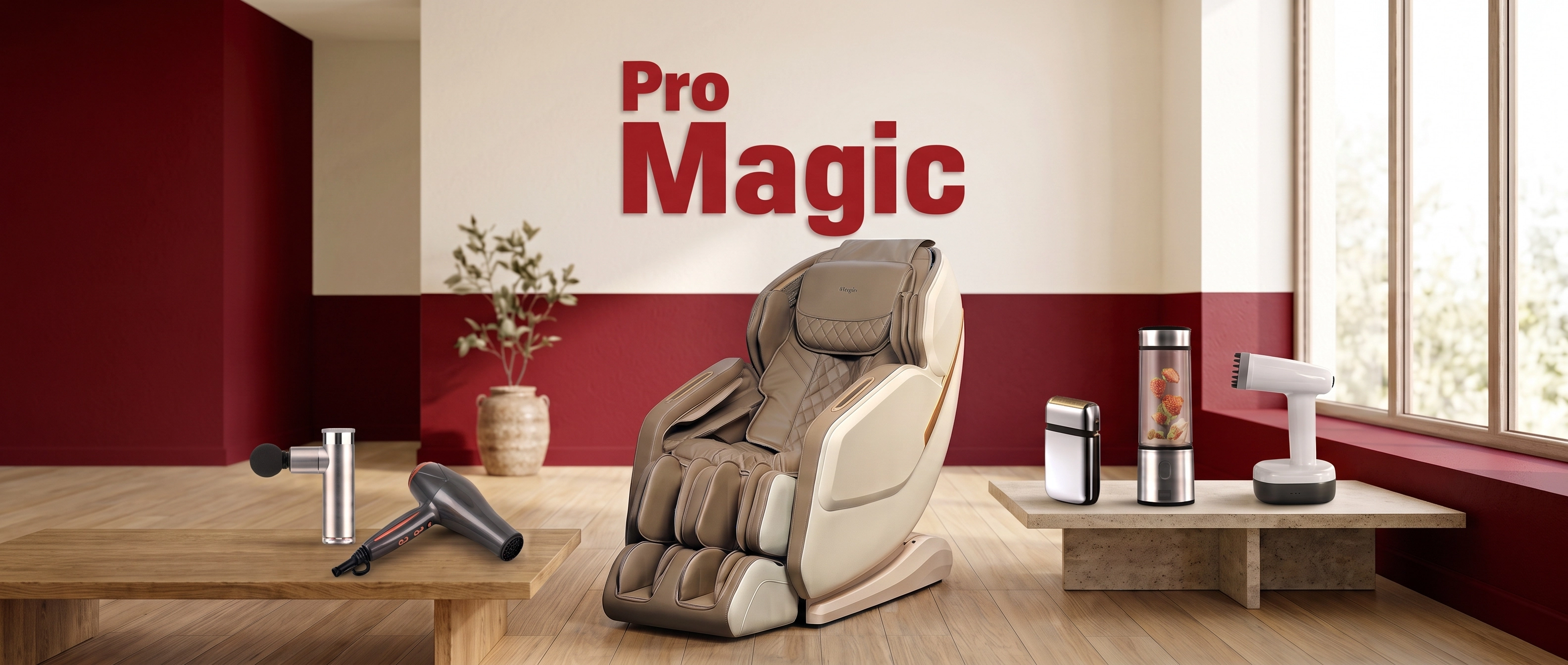 ProMagic — massage chair and home-care products in a bright, minimal interior